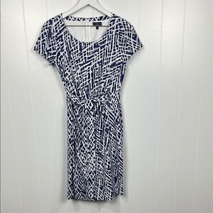 NYDJ Womens Dress 4 Blue White Zip Back Short Sleeves Stretch Side Ruching Belt